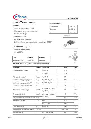 SPP24N60CFD 数据手册首页