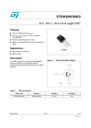 STGW30NC60KD 数据手册首页