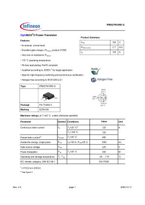 IPB027N10N3-G datasheet cover page