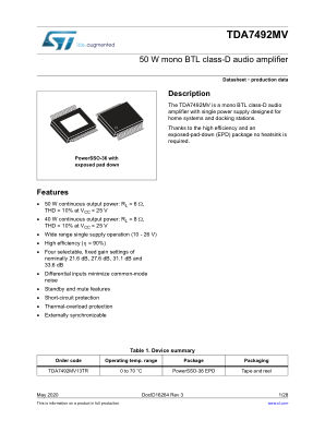 TDA7492MV datasheet cover page