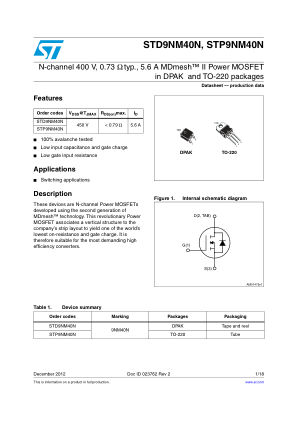 STD9NM40N 数据手册首页