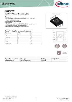 BSZ068N06NS 数据手册首页