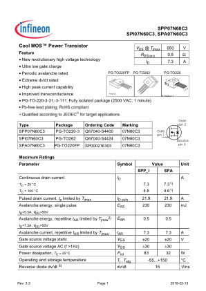 SPA07N60C3 datasheet cover page