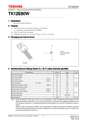TK12E80W 数据手册首页