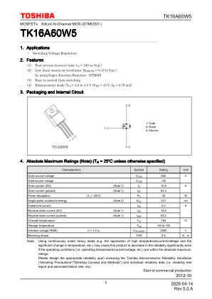 TK16A60W5 数据手册首页
