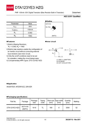 DTA123YE3HZGTL 数据手册首页
