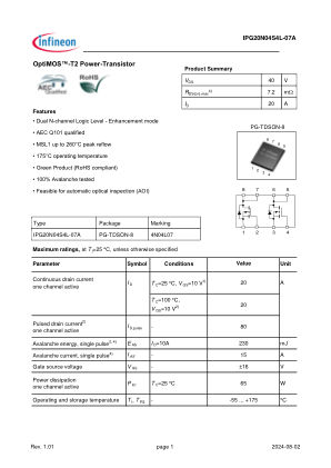 IPG20N04S4L-07A 数据手册首页