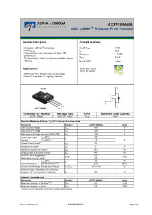 AOTF190A60L datasheet cover page