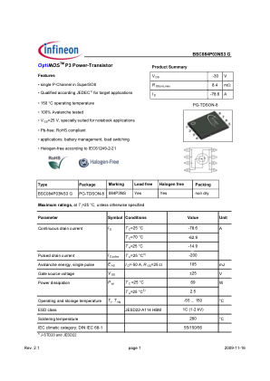 BSC084P03NS3-G 数据手册首页