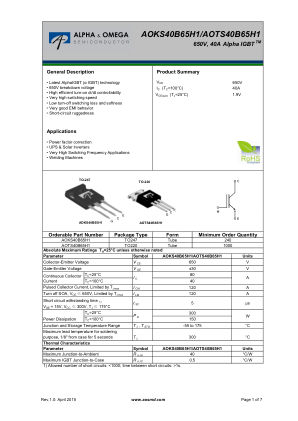 AOKS40B65H1 datasheet cover page