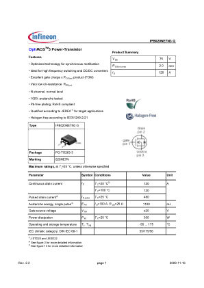 IPB020NE7N3-G datasheet cover page