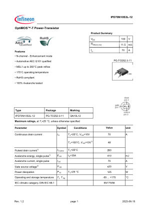 IPD70N10S3L-12 datasheet cover page