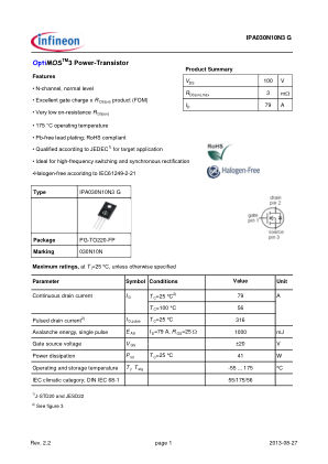 IPA030N10N3-G 数据手册首页