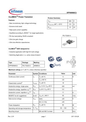 SPP06N80C3 datasheet cover page