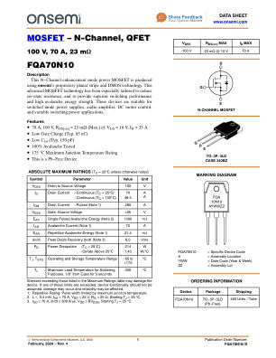FQA70N10 数据手册首页