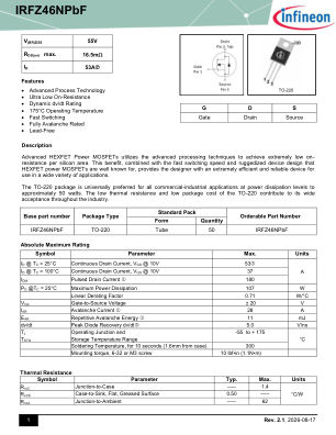 IRFZ46NPBF datasheet cover page