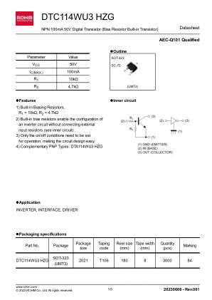 DTC114WU3HZG datasheet cover page