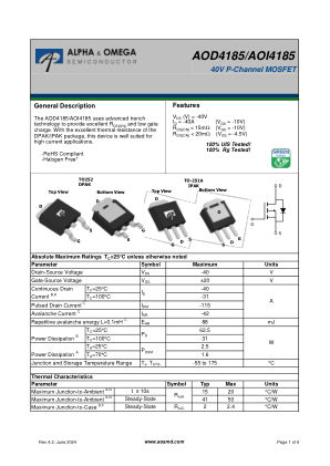AOD4185 datasheet cover page