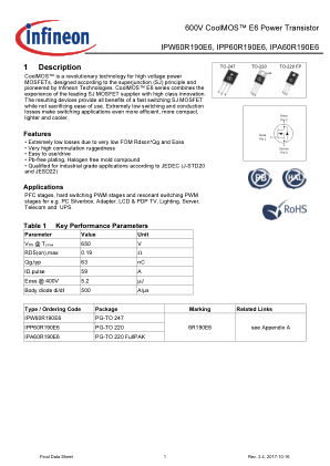 IPW60R190E6 datasheet cover page