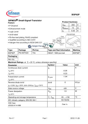 BSP92P 数据手册首页