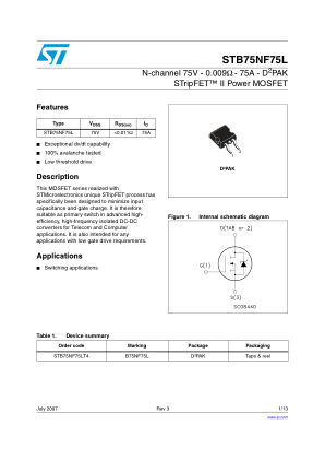 STB75NF75L datasheet cover page