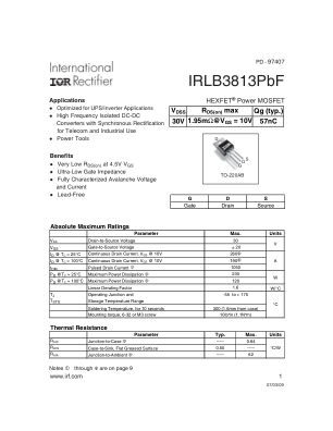 IRLB3813 datasheet cover page