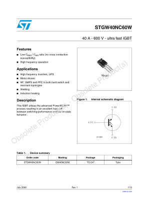 STGW40NC60W 数据手册首页