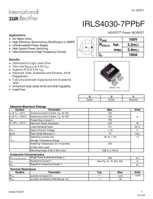 IRLS4030-7P datasheet cover page