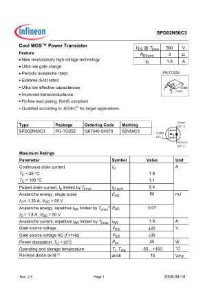 SPD02N50C3 datasheet cover page
