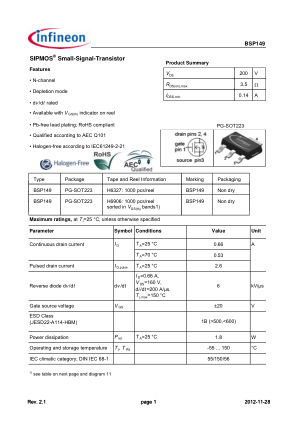 BSP149 数据手册首页