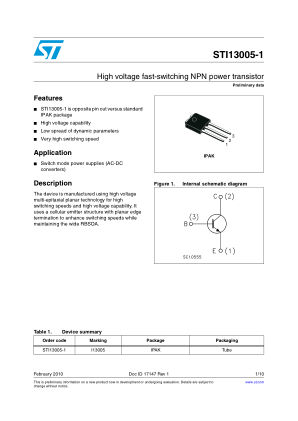 STI13005-1 datasheet cover page