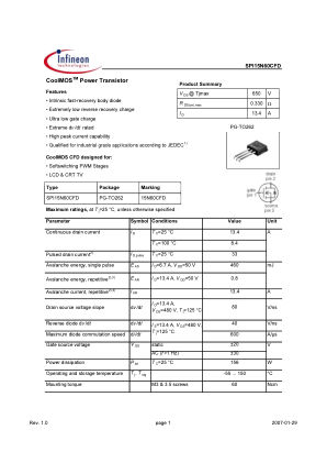 SPI15N60CFD 数据手册首页