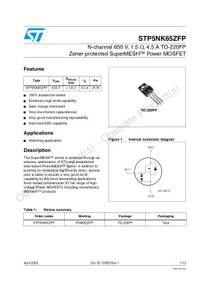 STP5NK65ZFP 数据手册首页