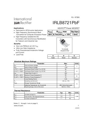 IRLB8721 数据手册首页