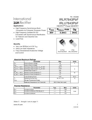 IRLR7843 datasheet cover page
