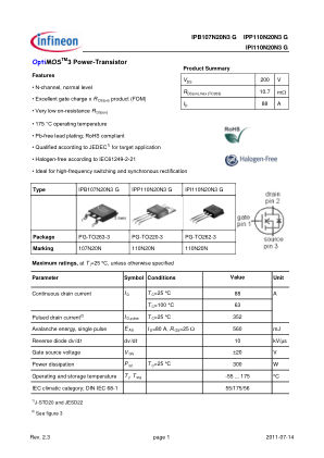 IPP110N20N3 数据手册首页