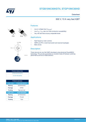 STGB10NC60HDT4 datasheet cover page