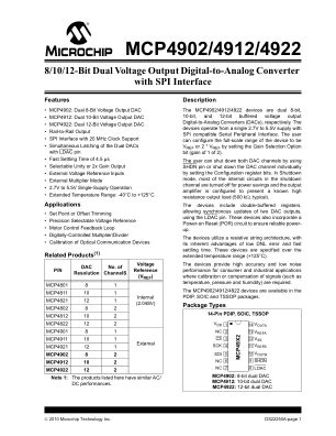 MCP4922T-E 数据手册首页