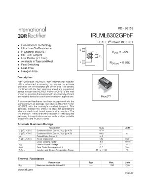 IRLML6302GPBF 数据手册首页