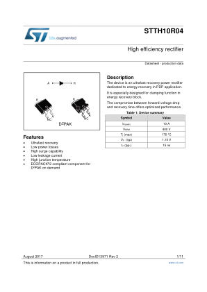 STTH10R04 数据手册首页