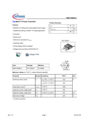 IPB011N04N-G datasheet cover page