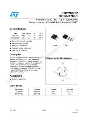 STD2NK70Z 数据手册首页