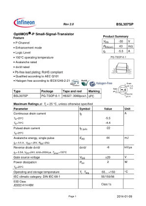BSL307SP datasheet cover page