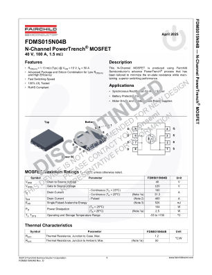 FDMS015N04B datasheet cover page