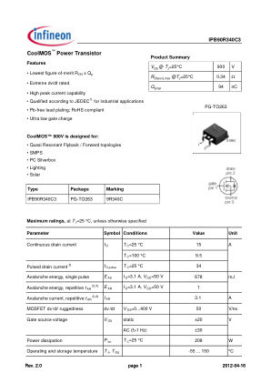 IPB90R340C3 datasheet cover page