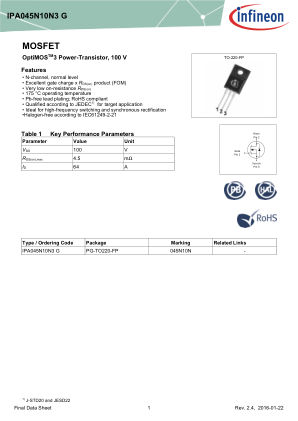 IPA045N10N3-G datasheet cover page