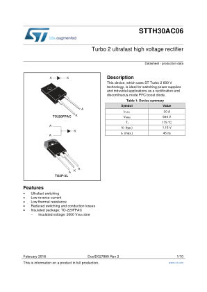 STTH30AC06 数据手册首页