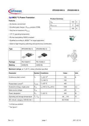 IPP030N10N3-G datasheet cover page