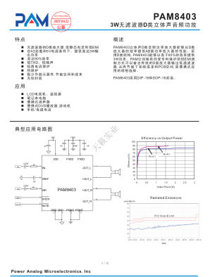PAM8403 数据手册首页