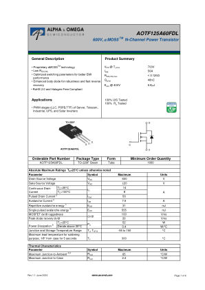 AOTF125A60FDL 数据手册首页